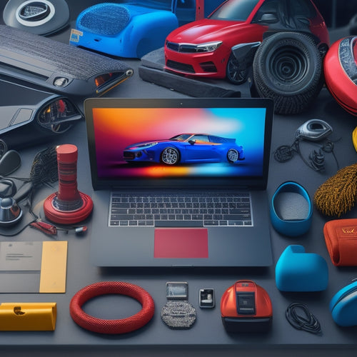 A colorful illustration of a laptop screen displaying an online car accessory store, surrounded by various car parts and accessories such as steering wheel covers, car seats, and air fresheners.