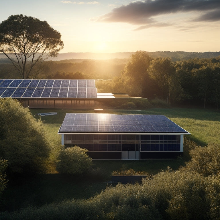 A serene, sun-lit landscape with a small, modern office building in the distance, surrounded by lush greenery, featuring a prominent solar panel array on the rooftop.