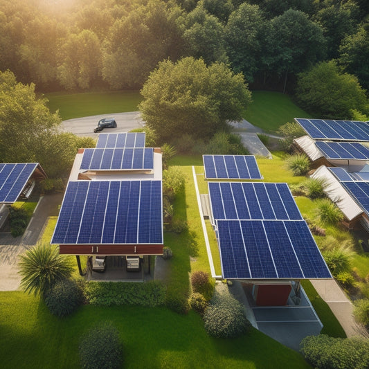 An aerial view of two adjacent rooftops: one with traditional solar panels mounted flush, the other with off-roof solar panels elevated on stilts, surrounded by lush greenery and a sunny sky.