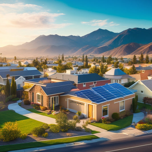 A photorealistic illustration of a sunny California-style suburban street with various homes featuring rooftop solar panels from different brands, with a subtle mountain range in the background.