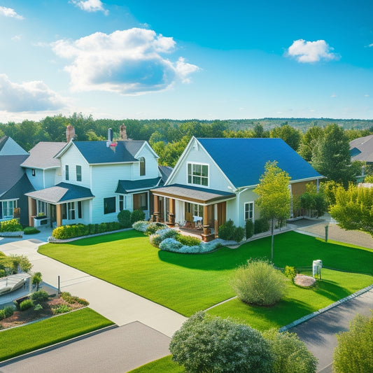 A serene suburban neighborhood with several houses, each featuring sleek solar panels on rooftops, surrounded by lush greenery and a bright blue sky with a few white, puffy clouds.