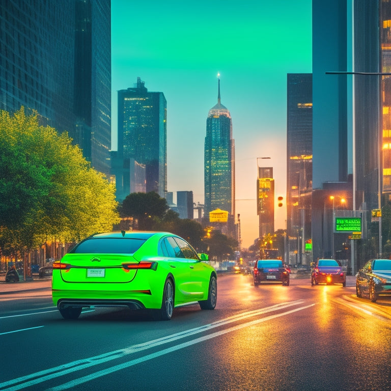 An urban intersection at dusk with a green traffic light, featuring a sleek electric vehicle at the forefront, surrounded by blurred gas-powered cars, and a subtle cityscape backdrop with neon lights.