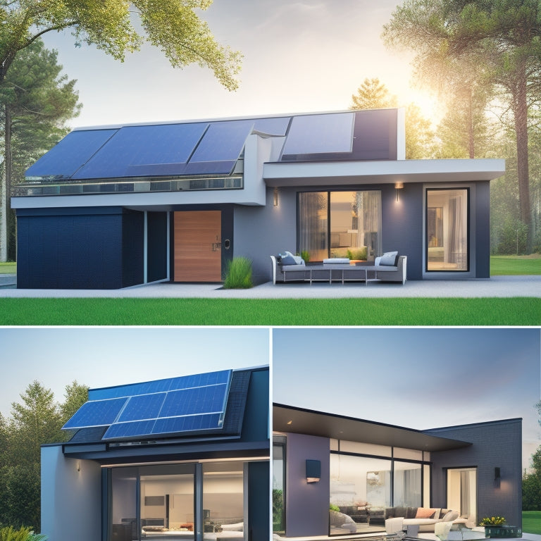 Illustrate a modern house with a sleek, black solar panel array on the roof, alongside a compact inverter, a battery bank, and a monitoring system with a sleek, touchscreen display.