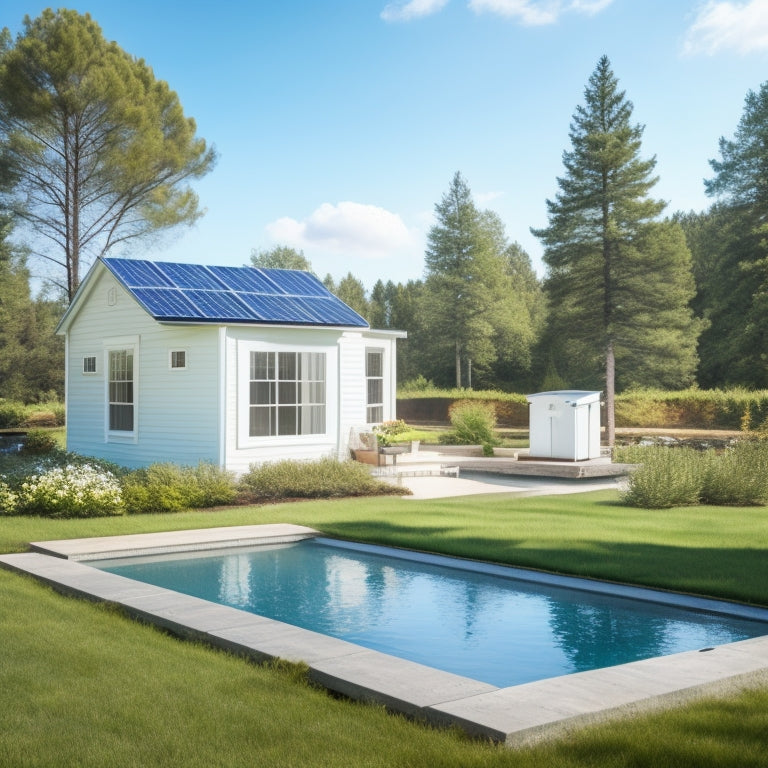 A serene backyard with a solar panel array on the roof, a white shed with a battery bank, and a few evergreen trees surrounding a small pond, under a clear blue sky with a few wispy clouds.