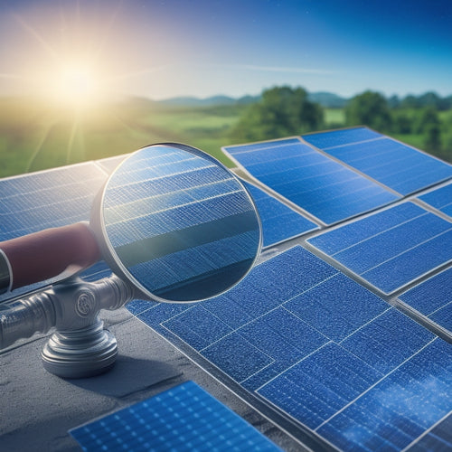 An illustration of a solar panel system with a magnifying glass hovering above it, highlighting a price tag attached to a single panel, surrounded by tiny icons representing different certification stamps.