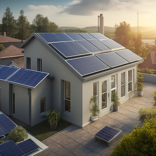 A photorealistic illustration of a residential rooftop with solar panels installed, connected to a battery storage system in the background, with electrical wires and conduit visible.