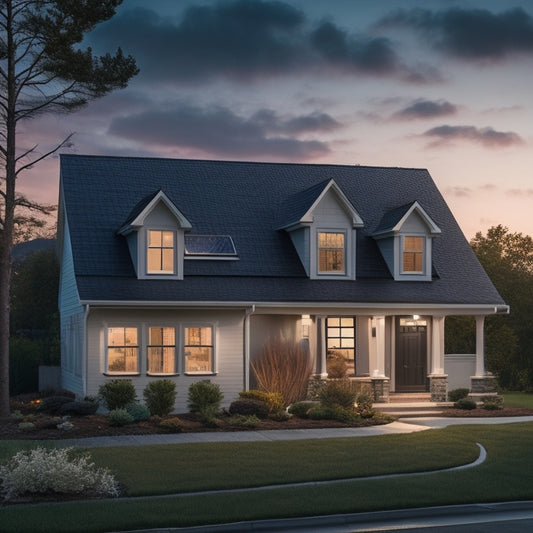 A serene suburban home with solar panels on the roof, a sleek battery storage unit visible through a basement window, and a faint sunlight glow on a tranquil evening.