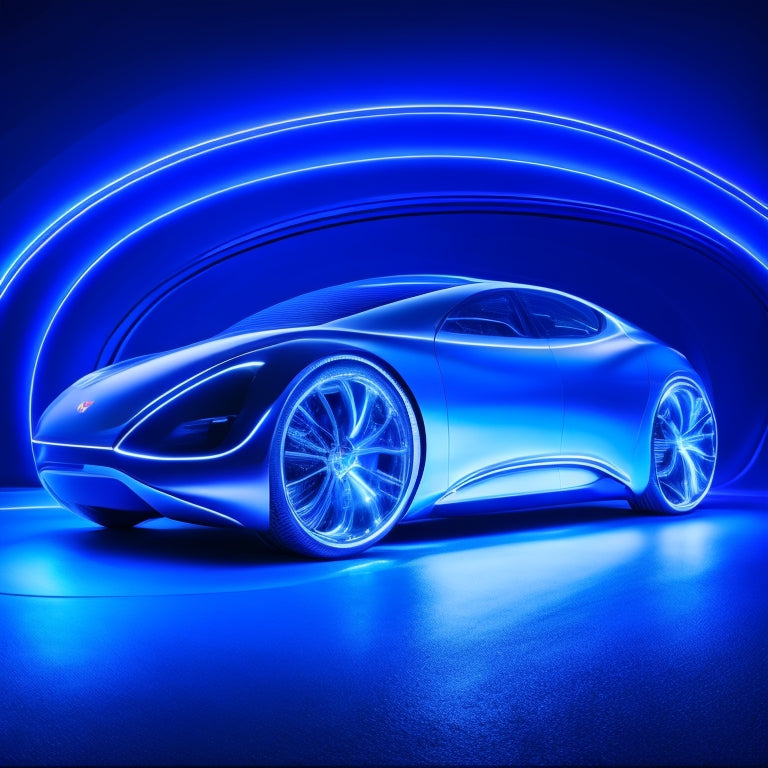 A futuristic illustration of a sleek, silver electric vehicle with glowing blue accents, surrounded by swirling, wispy lines representing advanced safety features, set against a dark, gradient blue background.