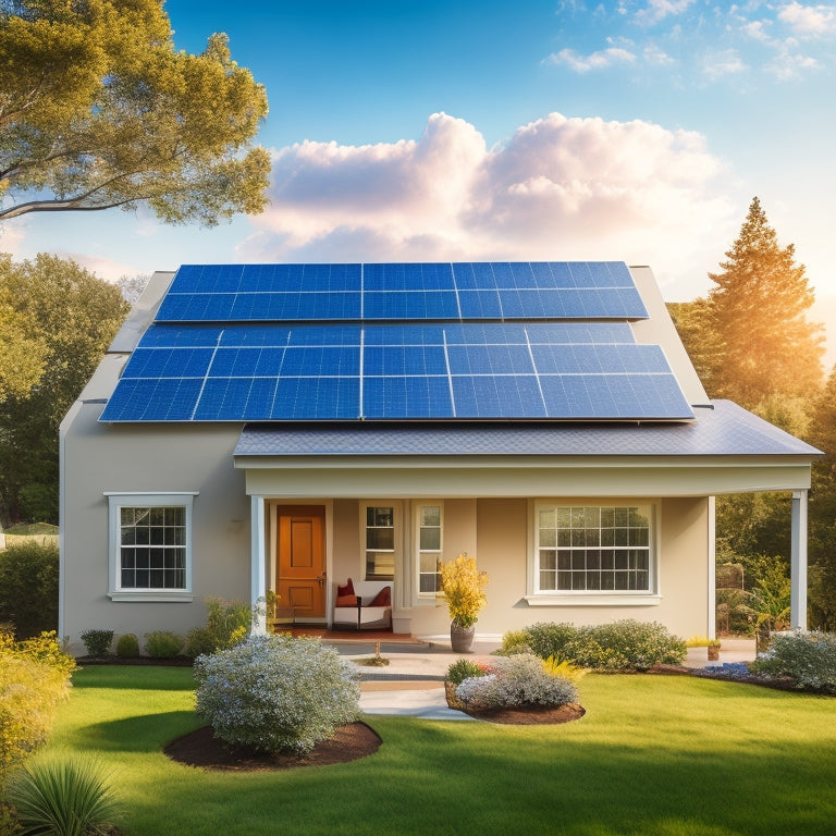 A serene suburban home with a sleek solar panel array on the roof, adjacent to a compact battery storage unit, surrounded by lush greenery and a bright blue sky.