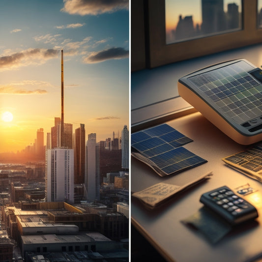 A split-screen illustration: on the left, a rooftop with shiny solar panels amidst a cityscape at sunset, and on the right, a calculator surrounded by scattered coins and receipts.