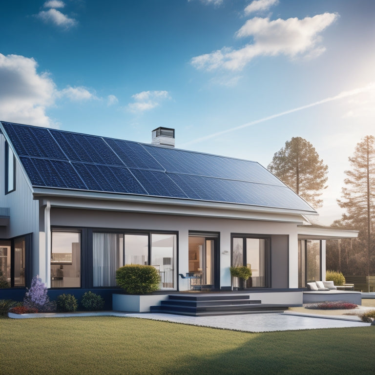 A serene suburban home with a sleek, modern roof, partially covered in a grid of shiny, black solar panels, set against a bright blue sky with a few wispy white clouds.