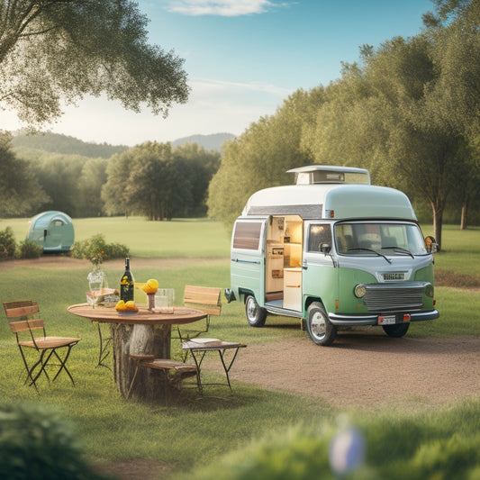 A serene outdoor setting with a parked camper van, a solar panel on the roof, and a cooler with a slight open lid revealing chilled drinks and fruits, surrounded by lush greenery.