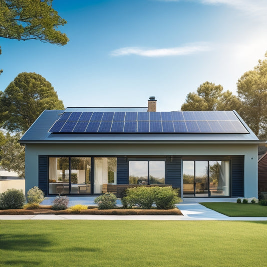 A serene suburban house with a moderate-pitched roof, partially covered in sleek black solar panels, against a bright blue sky with a few puffy white clouds.