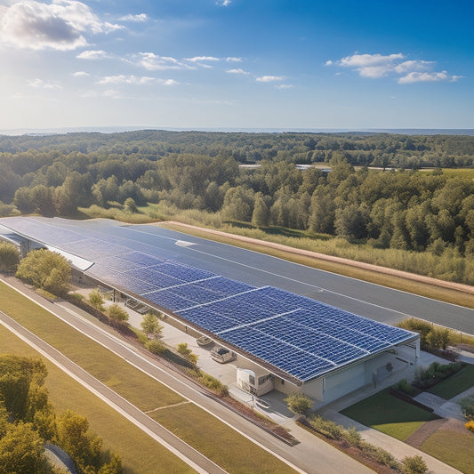 A serene aerial view of a commercial building with a sleek, modern solar panel array installed on its rooftop, surrounded by a lush green landscape and a bright blue sky.