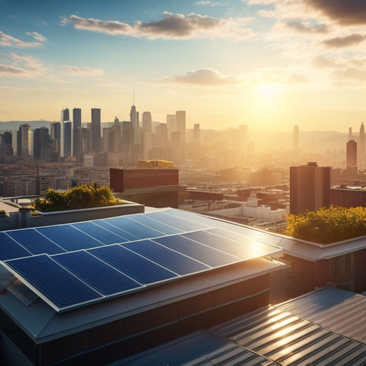 A rooftop with a mix of solar panels and skylights, surrounded by a bustling cityscape with a bright blue sky and fluffy white clouds, with a subtle sun glow effect.