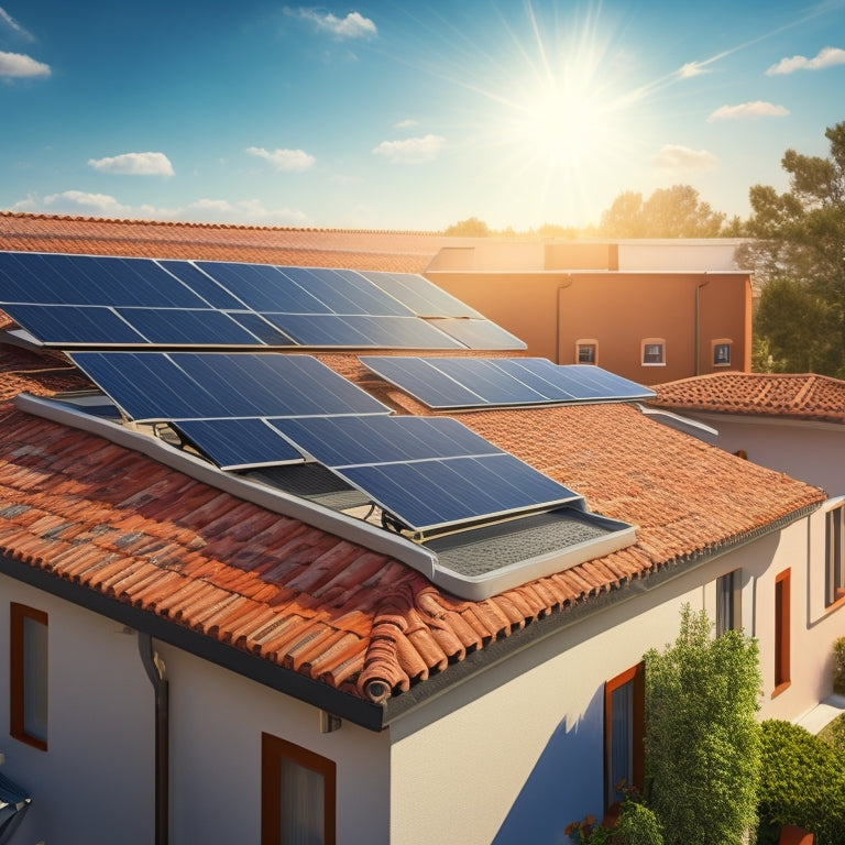 A stylized illustration of a residential rooftop with a mix of shiny black solar panels and traditional terracotta tiles, set against a bright blue sky with fluffy white clouds.