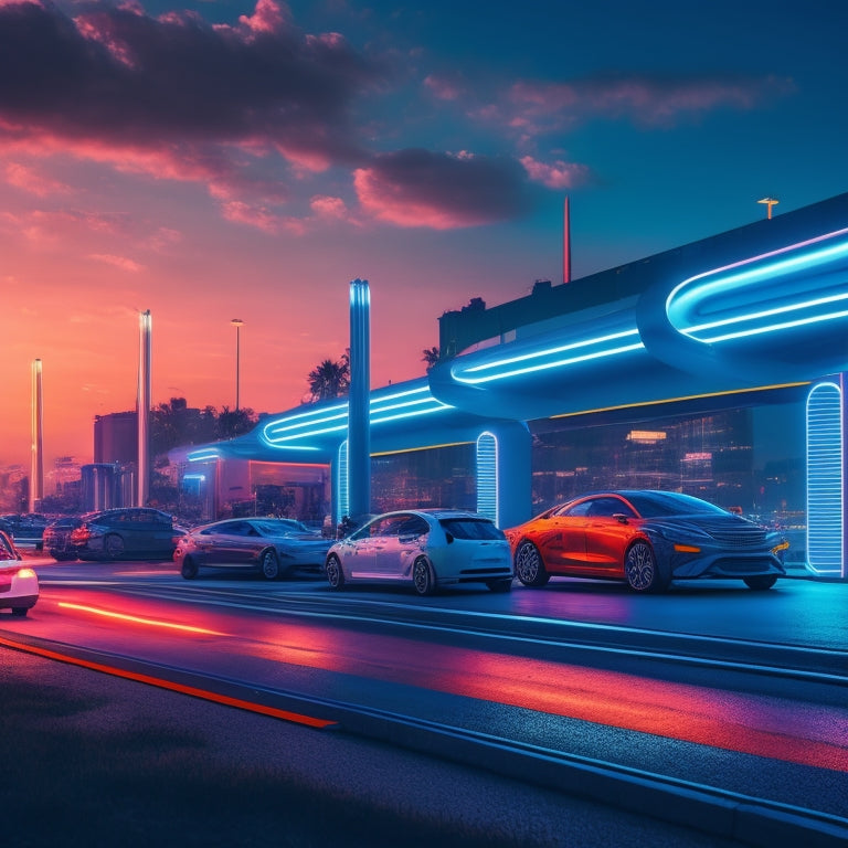 A futuristic cityscape at dusk with sleek, electric vehicles queuing at a futuristic, high-tech battery swap station, illuminated by neon lights, with robotic arms exchanging batteries in the background.