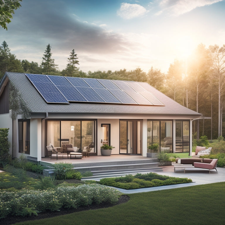 A serene, modern suburban home with a sloping roof, surrounded by lush greenery, featuring a partially installed solar panel array, with a subtle sun and clouds in the background.