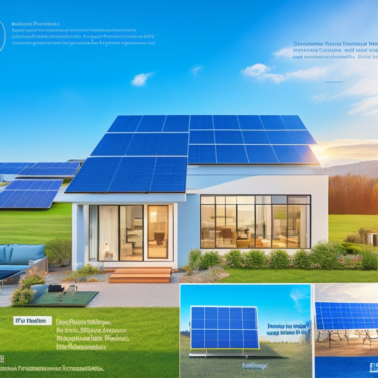 An illustration of a modern home with various solar panels and equipment, showcasing a 10-step process: assessing roof size, selecting panels, and integrating with electrical systems, amidst a bright blue sky with fluffy white clouds.