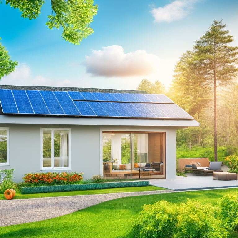 An illustration of a modern, eco-friendly home with solar panels on the roof, a smart thermostat on the wall, and a tablet displaying a energy usage dashboard, surrounded by lush greenery.