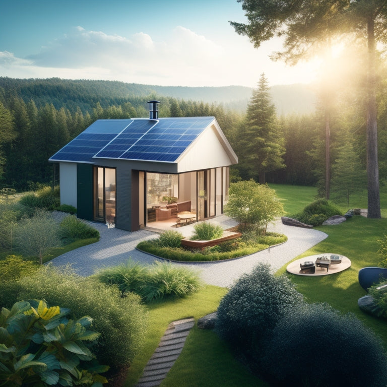 An illustration of a modern, sustainable home surrounded by lush greenery, with solar panels on the roof, a wind turbine in the backyard, and a geothermal heat pump installation visible underground.