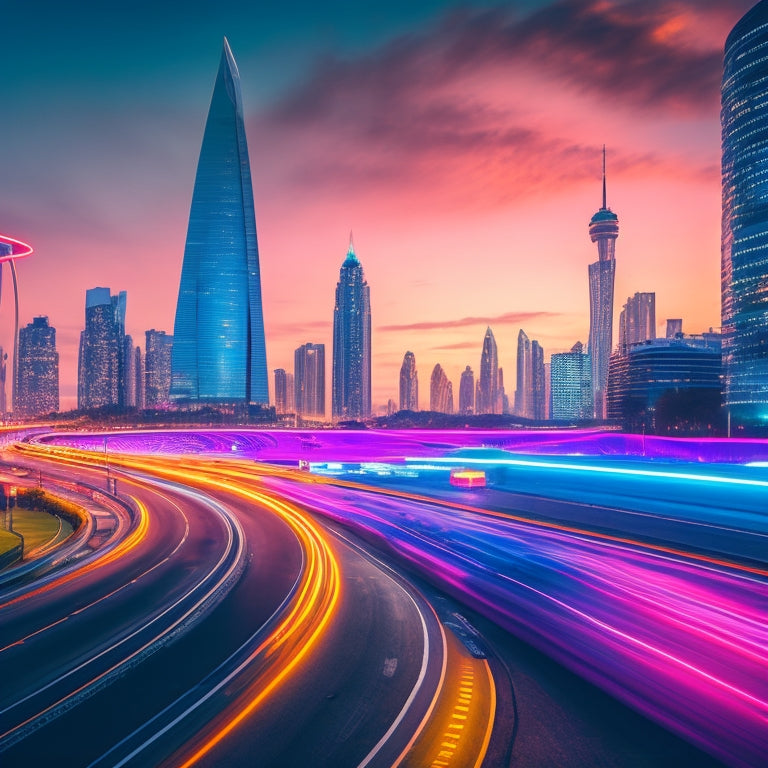 A futuristic cityscape at dusk, with sleek, curved EV charging stations lining a bustling highway, surrounded by towering skyscrapers and flying cars zipping by, amidst a whirlwind of neon lights.