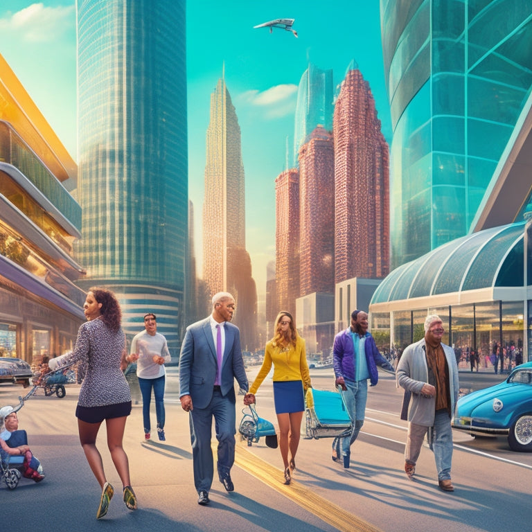 A vibrant illustration depicting diverse people of all ages and abilities confidently moving around a futuristic cityscape, with sleek, accessible vehicles, ramps, and walkways.