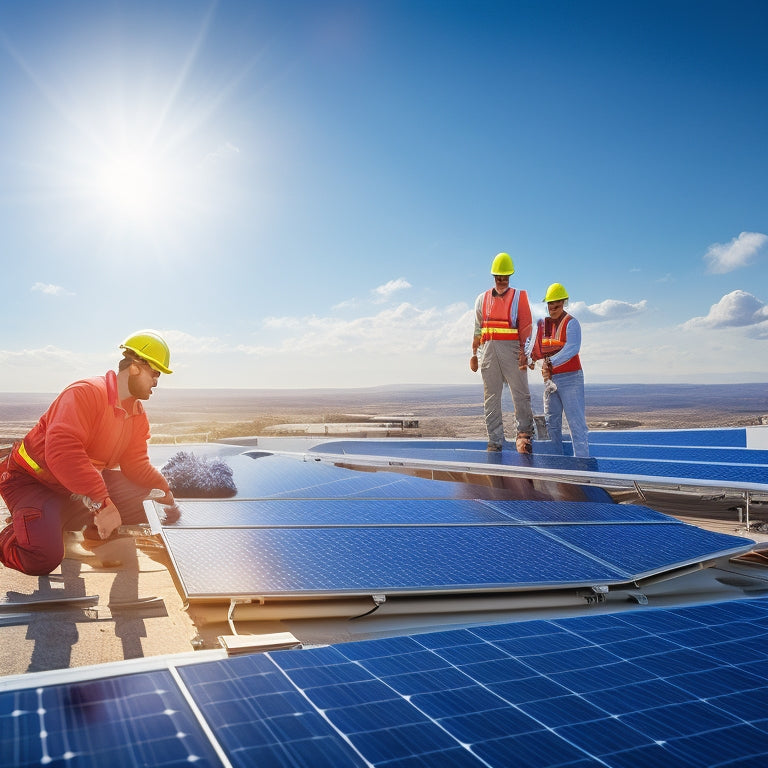 An illustration of a residential rooftop with solar panels being installed, showcasing a team of technicians in high-visibility vests and hard hats, amidst a backdrop of blue skies and fluffy white clouds.