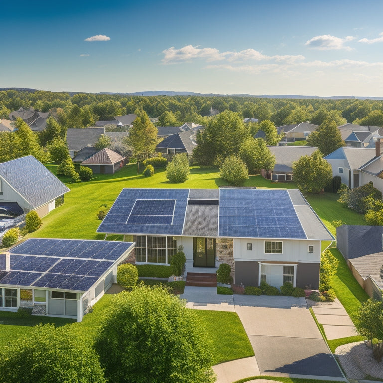 A serene suburban neighborhood with various rooftops featuring sleek, black solar panels in different angles and installations, set against a bright blue sky with a few puffy white clouds.