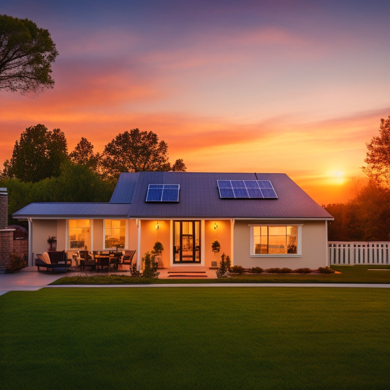 A serene suburban home at sunset with a sleek, modern solar panel array on the roof, accompanied by a pair of contrasting battery backup systems on the lawn, set against a warm orange sky.