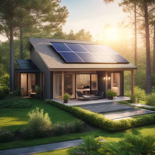 A bright, modern, eco-friendly home with solar panels on the roof, surrounded by lush greenery, with a subtle sun symbol above the house, shining down rays of light and energy.