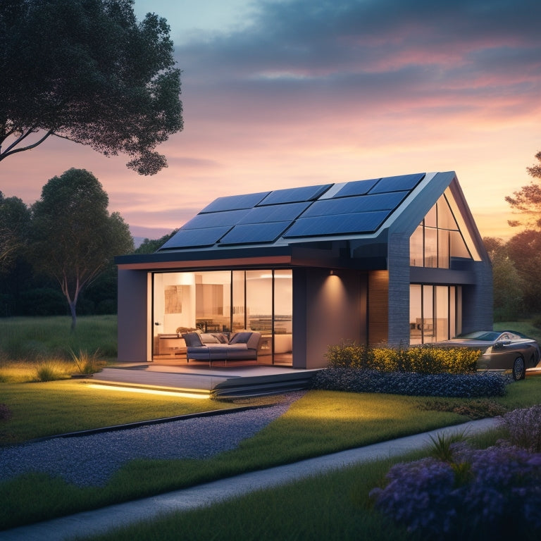 A futuristic home exterior with multiple solar panels on the roof, a sleek battery storage system in the backyard, and a subtle glow emanating from the house's windows at dusk.