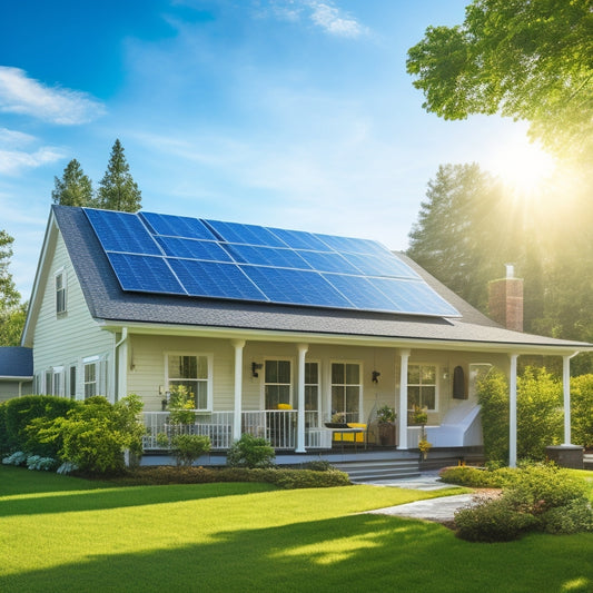 A serene suburban home with a sloping roof, solar panels being installed by technicians in yellow vests, amidst a backdrop of clear blue sky and lush green trees.