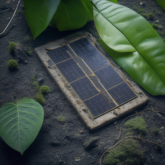 A worn, dusty solar panel with visible dirt and debris accumulation, surrounded by lush greenery, with a few leaves stuck to its surface, and a subtle hint of mold or mildew.