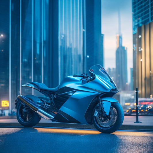 A futuristic cityscape with sleek, high-tech electric motorcycles parked in front of modern, minimalist buildings, surrounded by sleek, curved lines and neon accents, with a subtle blue and silver color scheme.