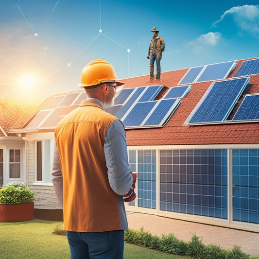 An illustration of a person standing in front of a house with a solar panel roof, surrounded by three large gears with calculation symbols (+, -, x, /) and a magnifying glass zoomed in on a clipboard with a calculator and papers.