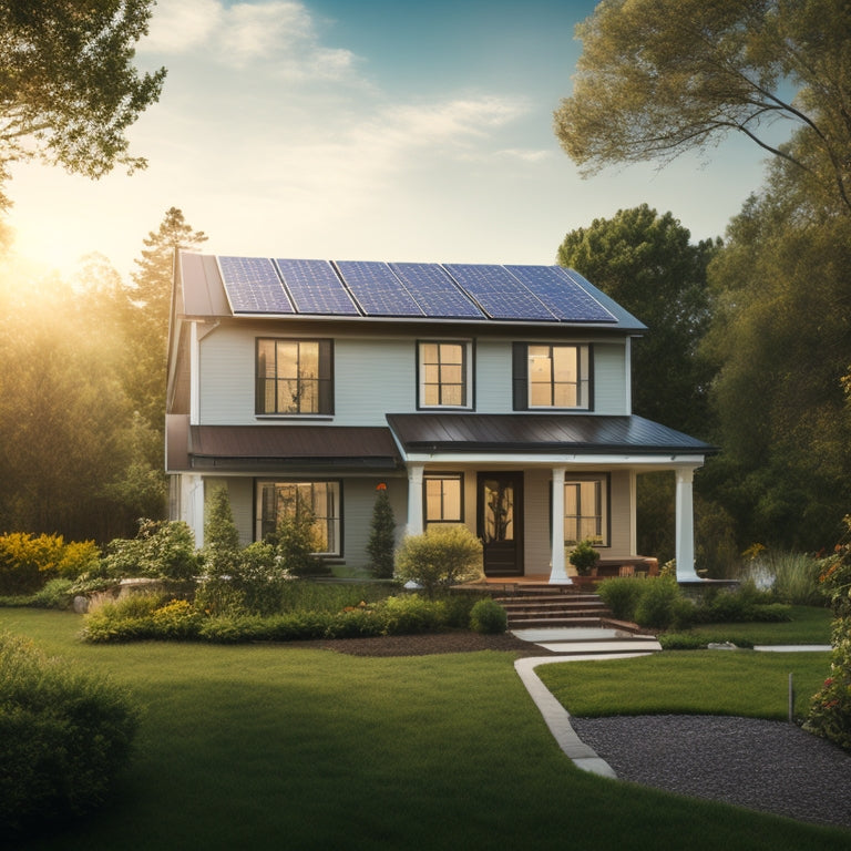 A serene suburban home with a pitched roof, surrounded by lush greenery, featuring a solar panel array installed on the roof, with a sleek inverter and a meter on the side of the house.