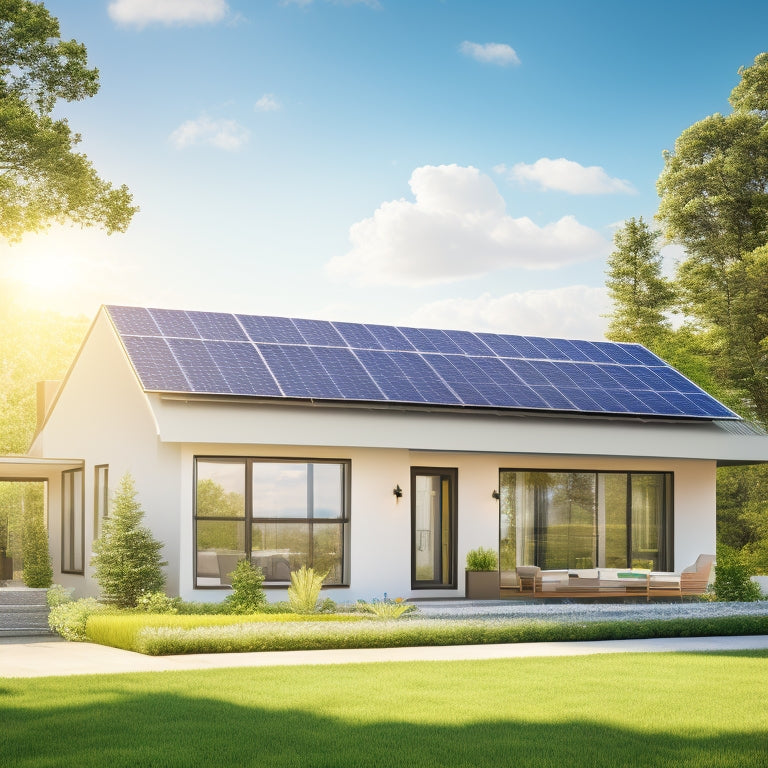 An illustration of a modern home with solar panels on the roof, surrounded by lush greenery, with a sunny bright blue sky and a few fluffy white clouds, and a subtle electric meter in the corner displaying a decreasing usage graph.