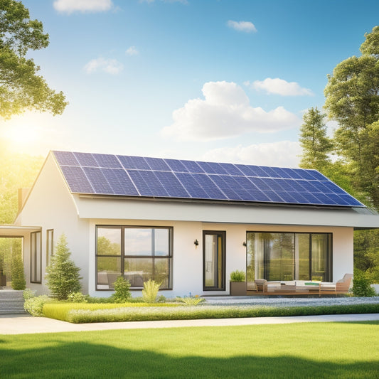 An illustration of a modern home with solar panels on the roof, surrounded by lush greenery, with a sunny bright blue sky and a few fluffy white clouds, and a subtle electric meter in the corner displaying a decreasing usage graph.