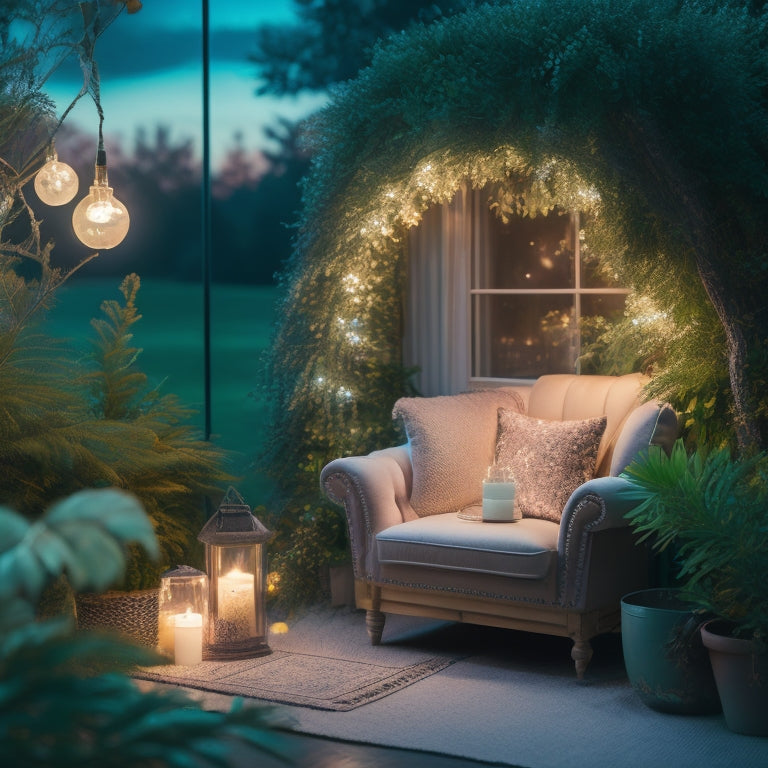 A serene nighttime scene featuring a cozy reading nook with a plush armchair, surrounded by lush greenery, illuminated by a string of small, delicate solar-powered fairy lights in soft pastel hues.