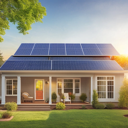 An illustration of a suburban house with solar panels installed on its roof, with a subtle grid of dollar signs and percentages overlaying the image, surrounded by subtle icons of energy efficiency and eco-friendliness.