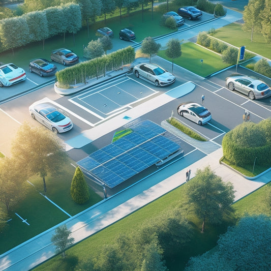 An aerial illustration of a futuristic parking lot with designated EV charging stations, surrounded by lush greenery, and a separate cycling zone with bike racks and a repair station.