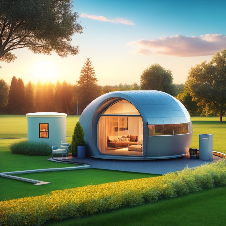 A futuristic, sleek, and modern illustration of a sustainable home with solar panels on the roof, connected to a compact, cylindrical energy storage system in the backyard.