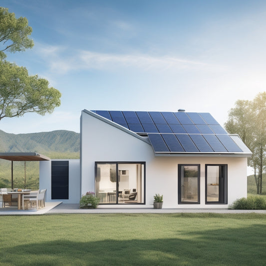 A minimalist illustration of a modern, eco-friendly home with solar panels on the roof, a compact wind turbine in the backyard, and a sleek, energy-efficient smart home system panel on the wall.