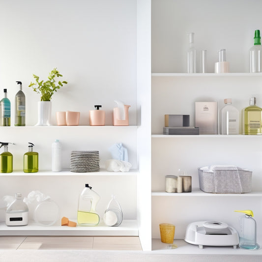 A bright, modern living room with 10 different cleaning products arranged on a sleek, white shelf, each with a sparkling clean home panel behind it, reflecting natural light.