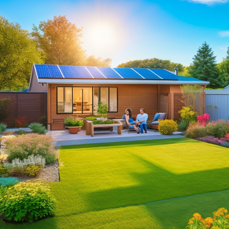 A serene residential backyard with a modern solar panel array on the roof, a sleek battery storage unit nestled beside a blooming garden, and a happy family playing in the sun.