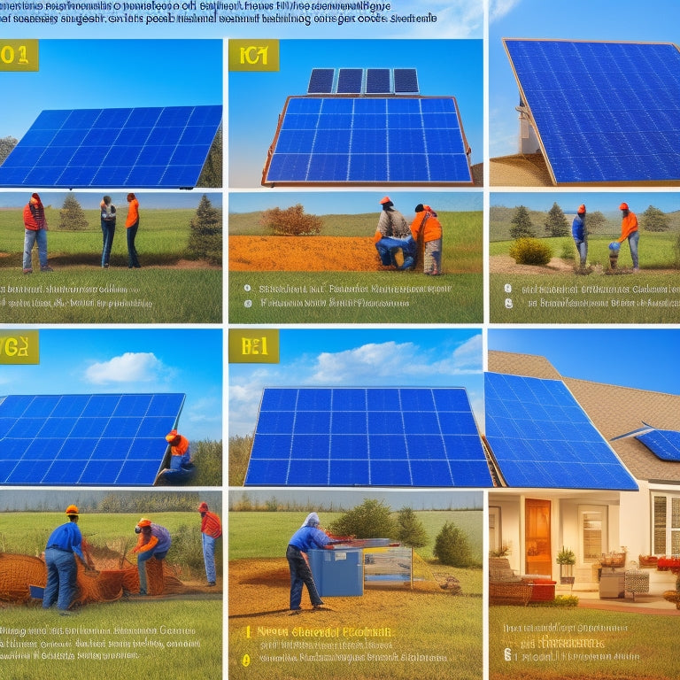 An illustration depicting a 7-step solar panel installation process: a roof assessment, measuring and marking, installing mounting system, placing solar panels, connecting electrical components, testing, and final inspection.