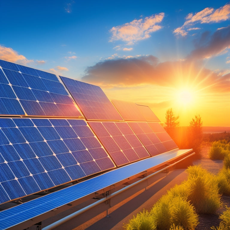 A photorealistic illustration of a solar panel array at sunrise, with angled panels, clean reflections, and a subtle grid pattern, set against a clear blue sky with a few wispy clouds.