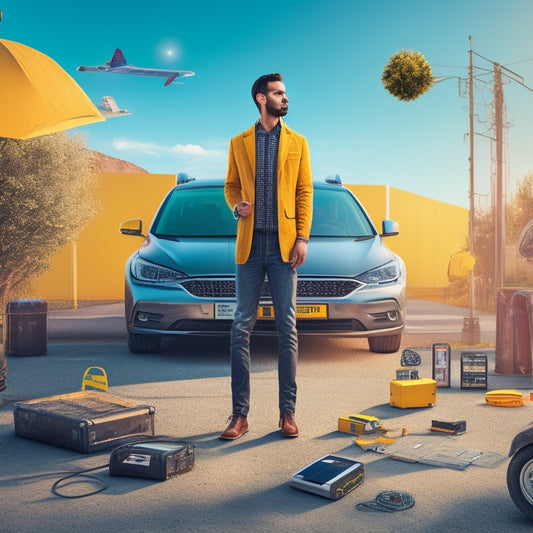 An illustration of a person standing in front of a parked car with various solar panel kits and accessories scattered around, with a puzzled expression, surrounded by thought bubbles containing images of different solar panels, batteries, and connectors.