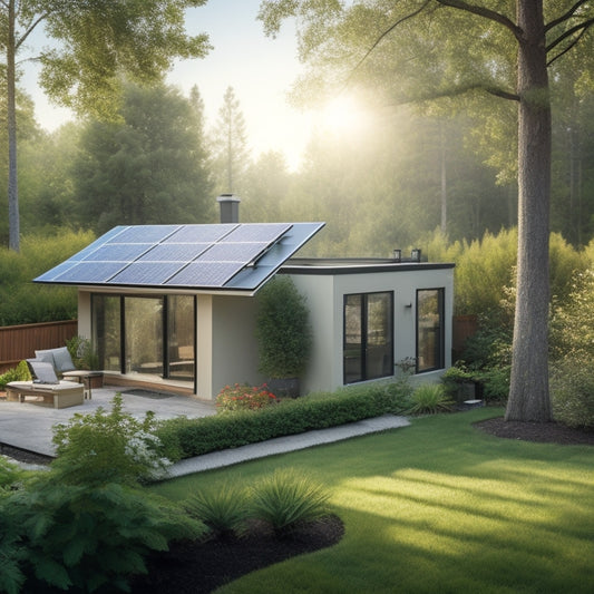 A serene backyard scene with a sleek, compact all-in-one solar power system installed on a roof, surrounded by lush greenery, with a few solar panels, a battery, and an inverter visible.